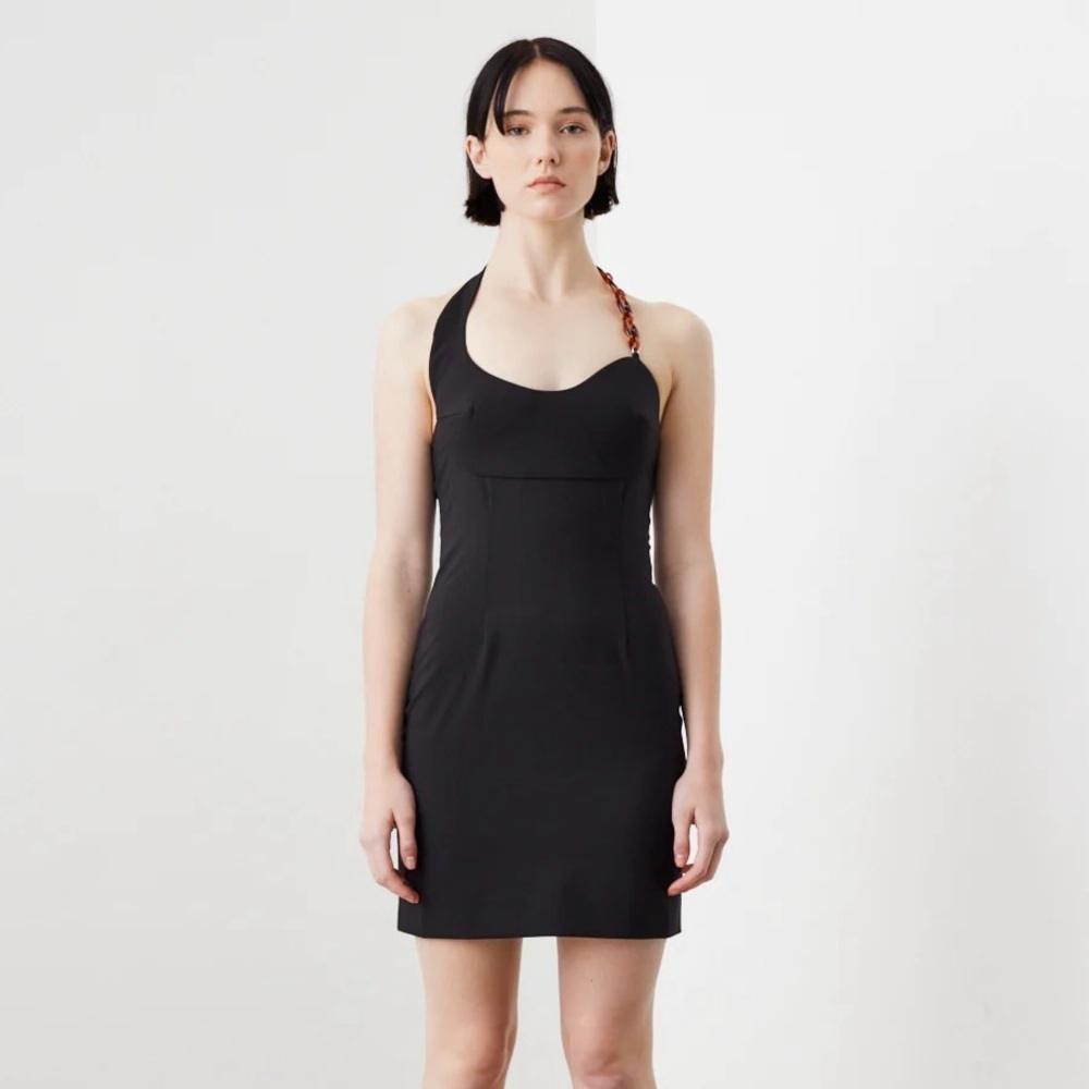 NWT Coperni Cocktail Dress Halter Neck Black Asymmetrical Neck Detail Poly Wool​